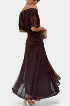Women's Wedding Guest Evening Midi Dress with Off-Shoulder Neckline