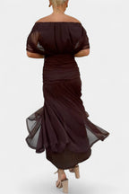 Women's Wedding Guest Evening Midi Dress with Off-Shoulder Neckline