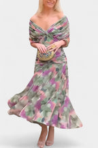 Women's Wedding Guest Evening Midi Dress with Off-Shoulder Neckline