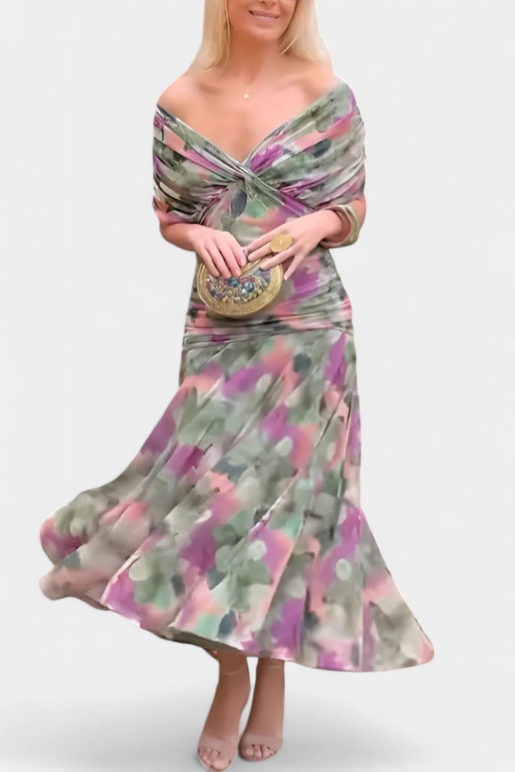 Women's Wedding Guest Evening Midi Dress with Off-Shoulder Neckline