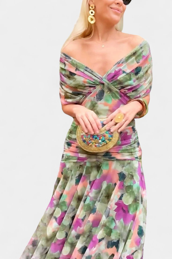 Women's Wedding Guest Evening Midi Dress with Off-Shoulder Neckline