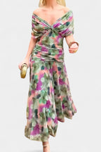 Women's Wedding Guest Evening Midi Dress with Off-Shoulder Neckline