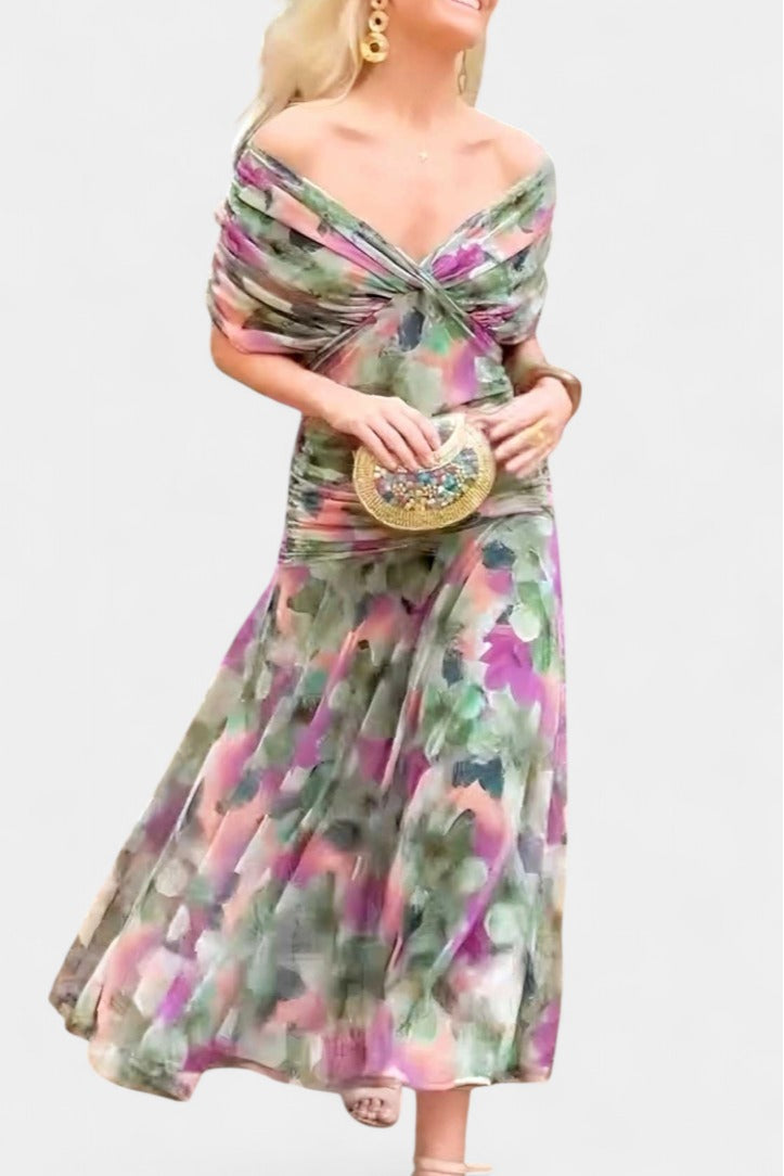 Women's Wedding Guest Evening Midi Dress with Off-Shoulder Neckline