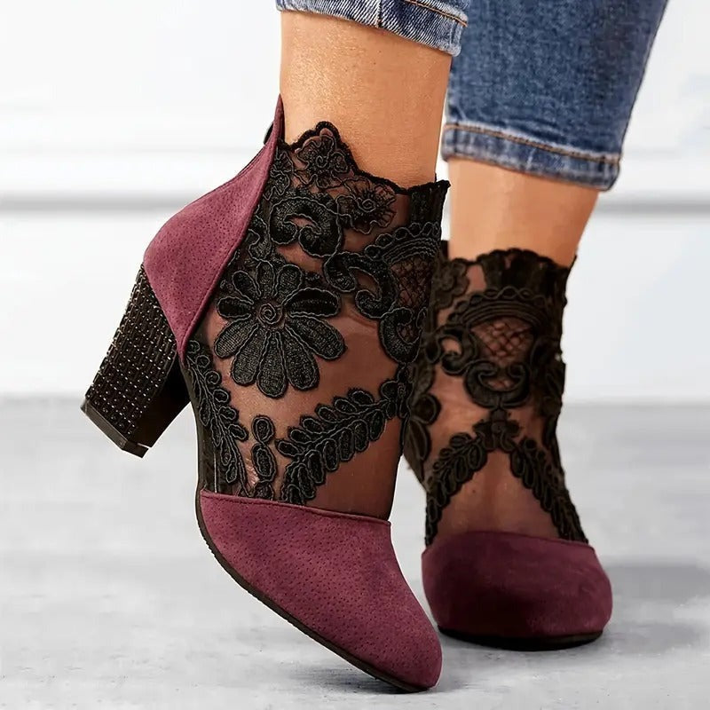 Women's Ankle Heeled Boots with Embroidered Overlay
