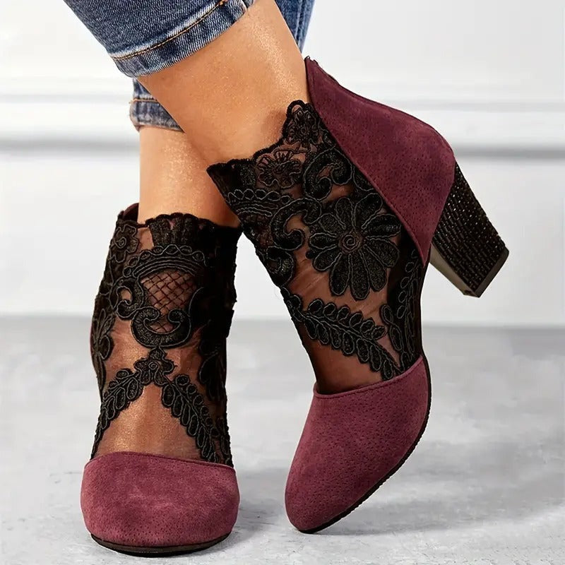 Women's Ankle Heeled Boots with Embroidered Overlay