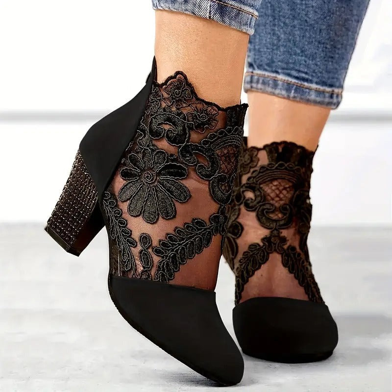 Women's Ankle Heeled Boots with Embroidered Overlay