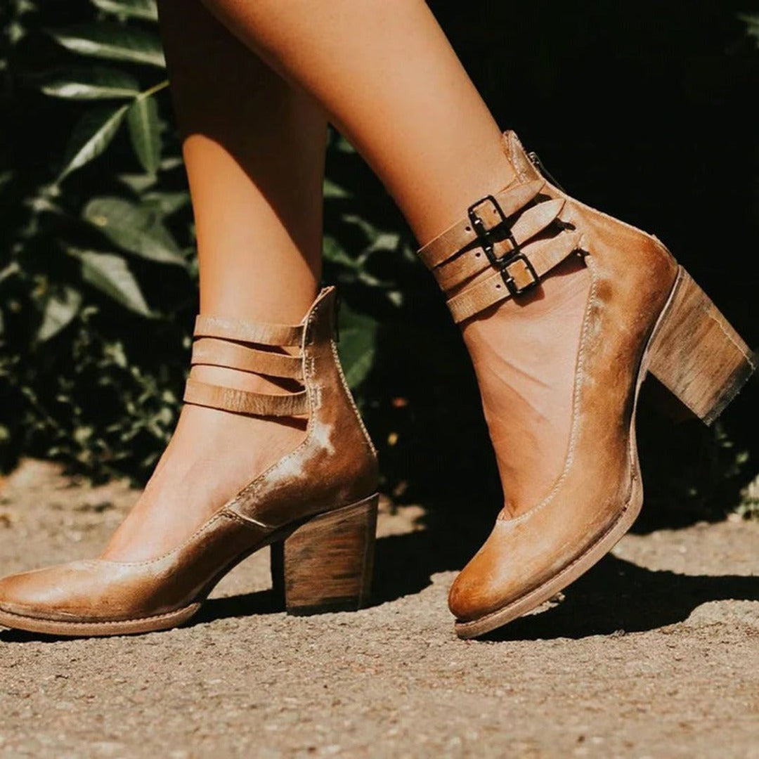Women's Block Heel Shoes with Triple Buckle Ankle Straps and Round Toe