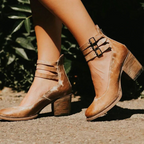 Women's Block Heel Shoes with Triple Buckle Ankle Straps and Round Toe