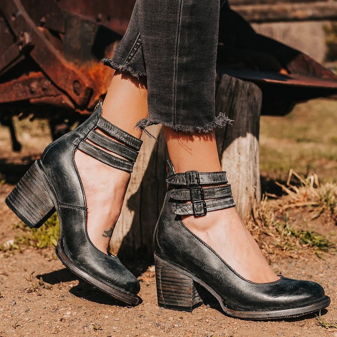 Women's Block Heel Shoes with Triple Buckle Ankle Straps and Round Toe