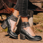 Women's Block Heel Shoes with Triple Buckle Ankle Straps and Round Toe