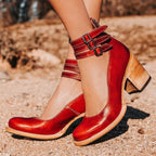 Women's Block Heel Shoes with Triple Buckle Ankle Straps and Round Toe