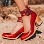 Women's Block Heel Shoes with Triple Buckle Ankle Straps and Round Toe
