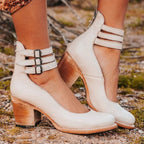 Women's Block Heel Shoes with Triple Buckle Ankle Straps and Round Toe