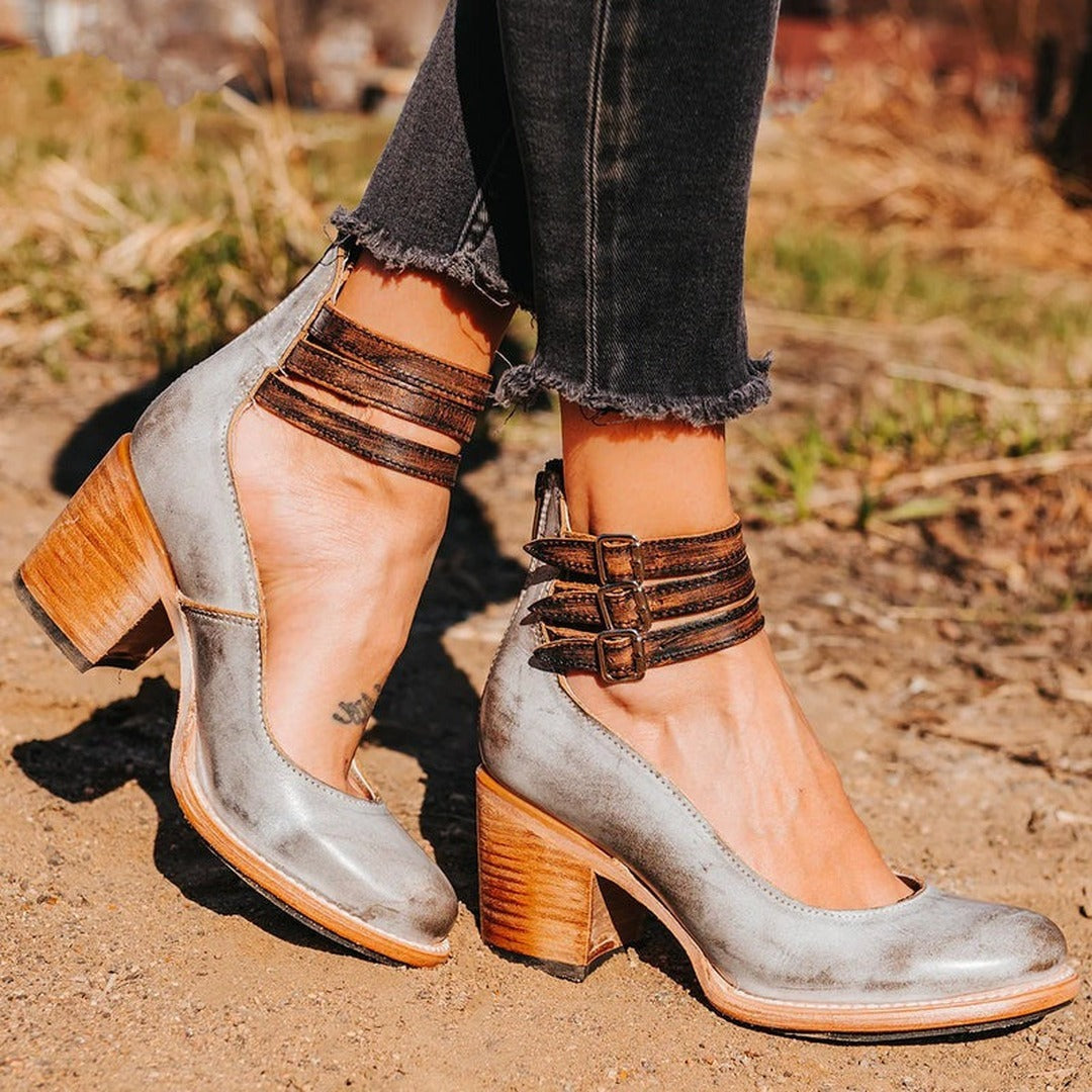 Women's Block Heel Shoes with Triple Buckle Ankle Straps and Round Toe