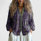 Women's Boho Floral Blouse with V-Neck and Long Sleeves
