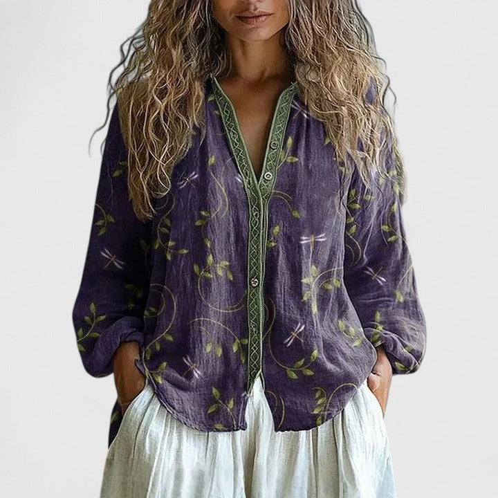 Women's Boho Floral Blouse with V-Neck and Long Sleeves