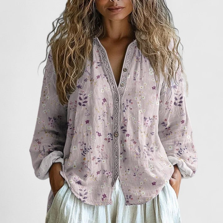 Women's Boho Floral Blouse with V-Neck and Long Sleeves