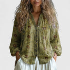 Women's Boho Floral Blouse with V-Neck and Long Sleeves