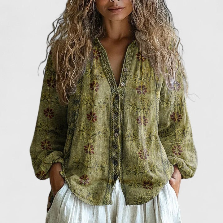 Women's Boho Floral Blouse with V-Neck and Long Sleeves