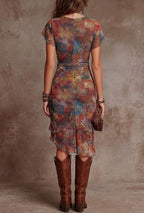 Women's Boho Floral Midi Dress with V-Neck and Front Slit
