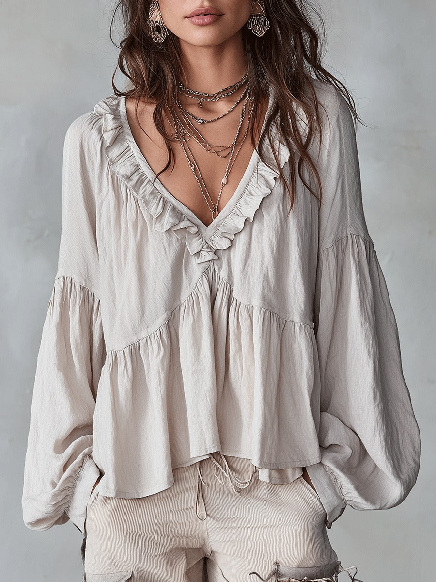 Women's Boho Oversized Blouse with V-Neck and Puff Sleeves