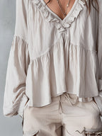 Women's Boho Oversized Blouse with V-Neck and Puff Sleeves
