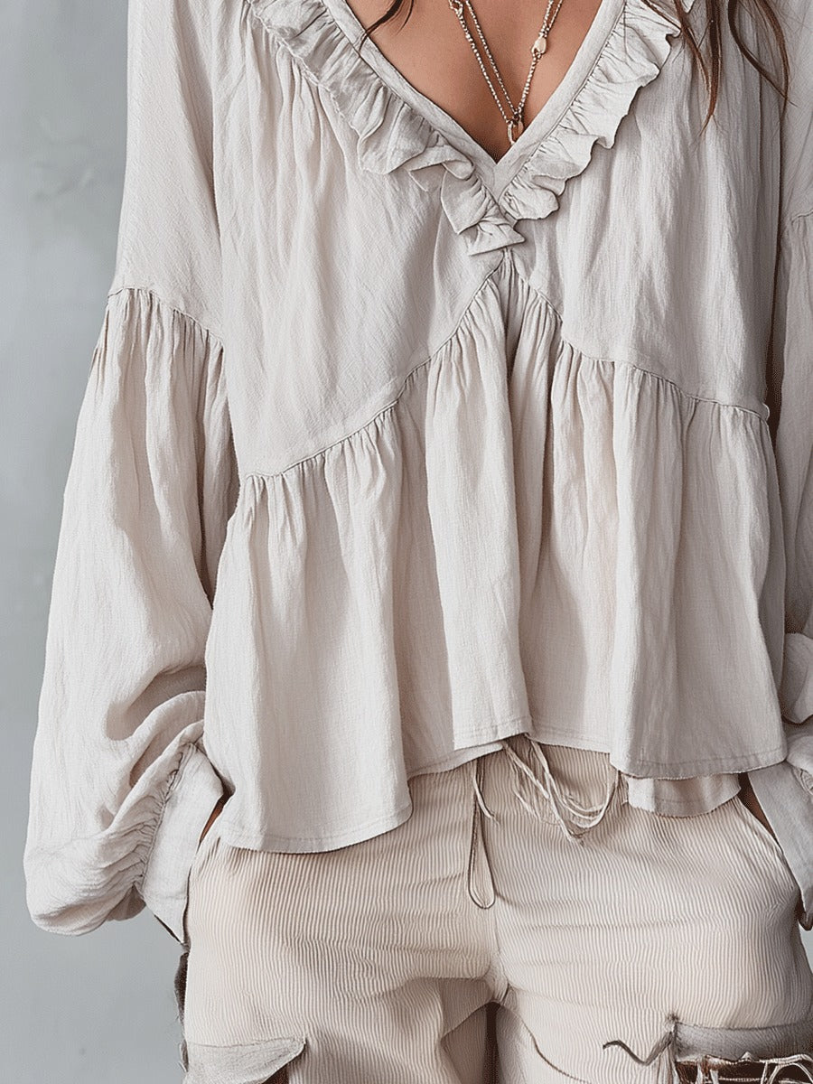 Women's Boho Oversized Blouse with V-Neck and Puff Sleeves