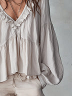 Women's Boho Oversized Blouse with V-Neck and Puff Sleeves