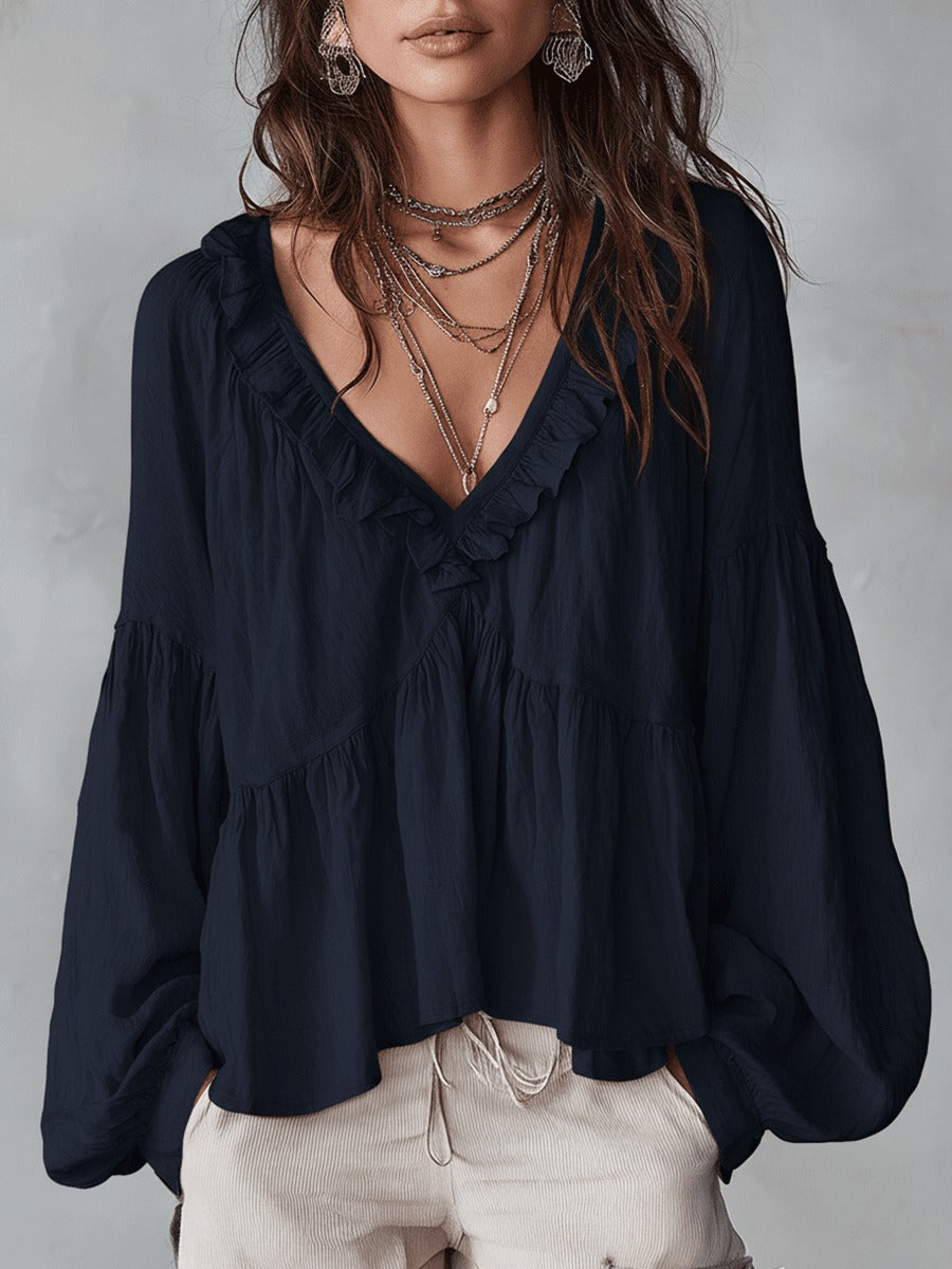 Women's Boho Oversized Blouse with V-Neck and Puff Sleeves