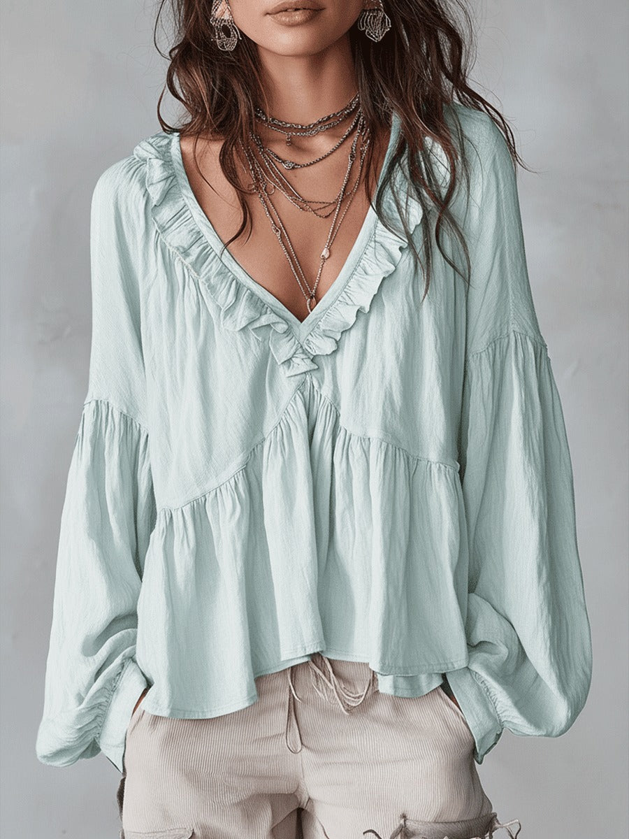 Women's Boho Oversized Blouse with V-Neck and Puff Sleeves