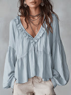 Women's Boho Oversized Blouse with V-Neck and Puff Sleeves