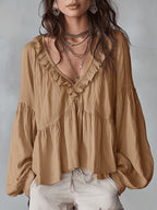 Women's Boho Oversized Blouse with V-Neck and Puff Sleeves