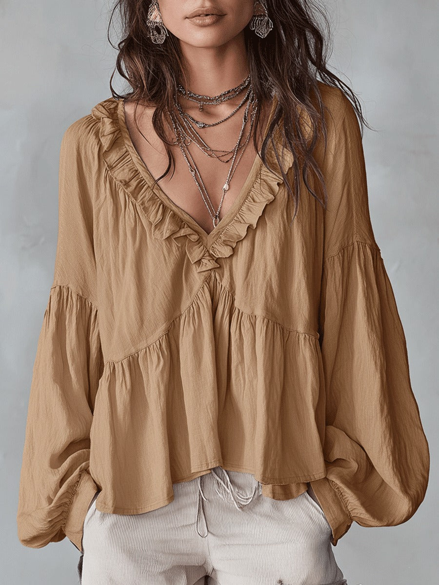 Women's Boho Oversized Blouse with V-Neck and Puff Sleeves