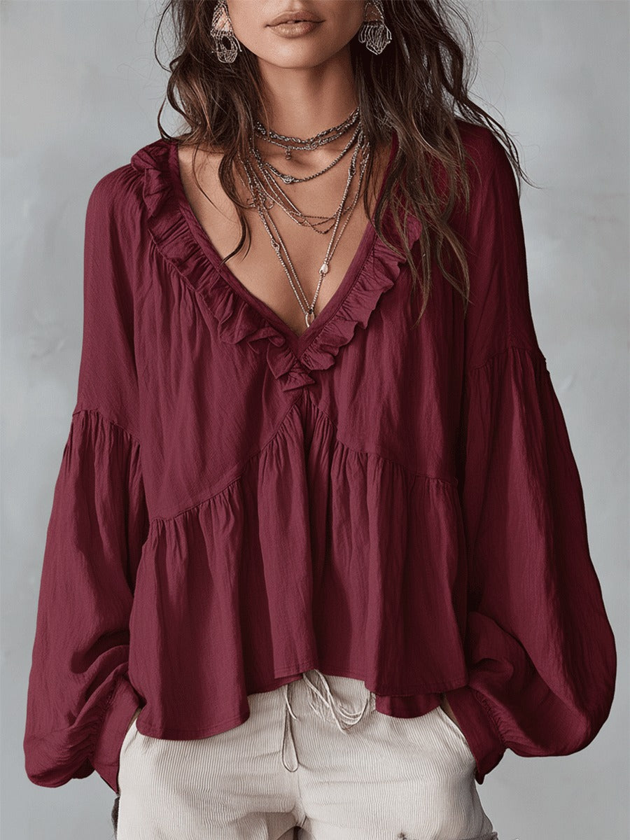 Women's Boho Oversized Blouse with V-Neck and Puff Sleeves