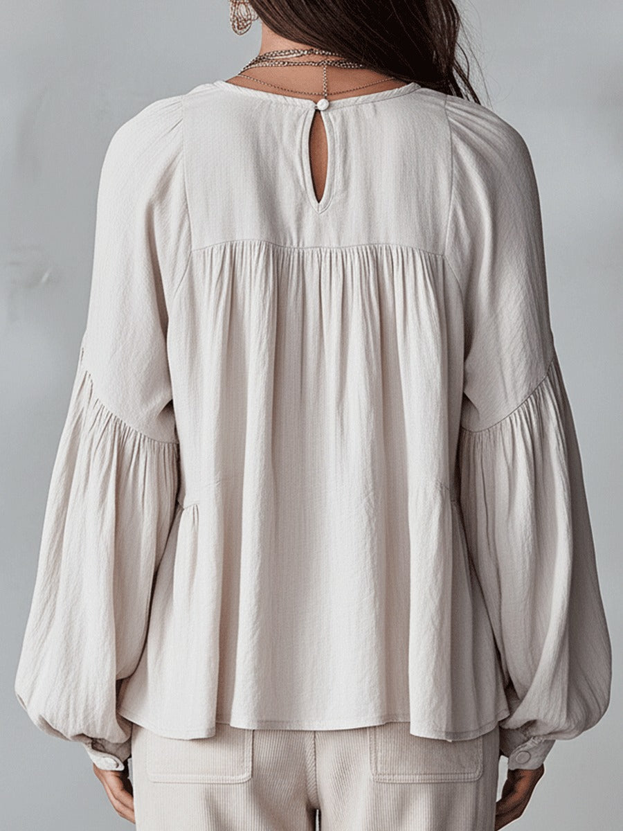 Women's Boho Oversized Blouse with V-Neck and Puff Sleeves