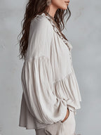Women's Boho Oversized Blouse with V-Neck and Puff Sleeves