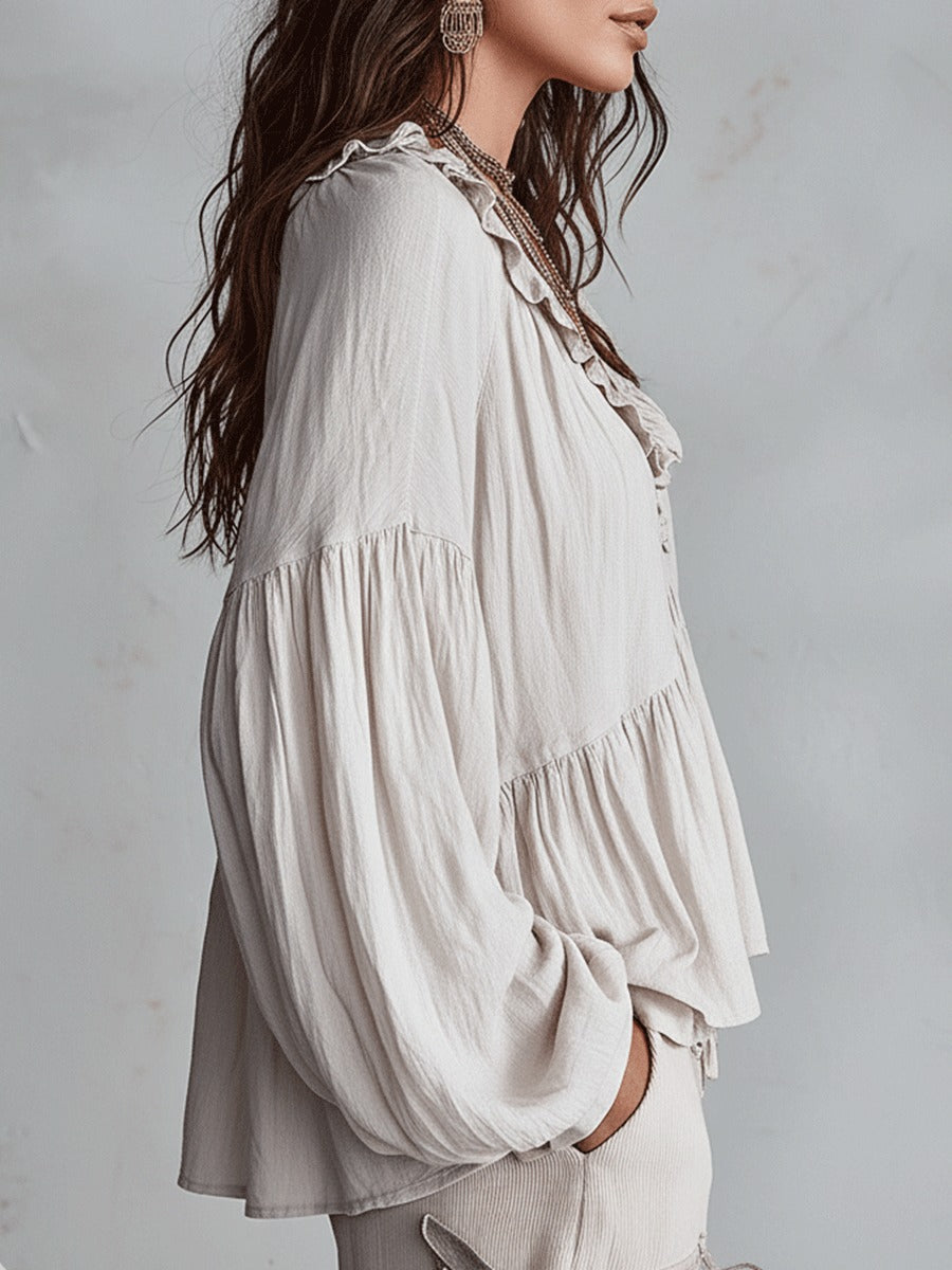 Women's Boho Oversized Blouse with V-Neck and Puff Sleeves