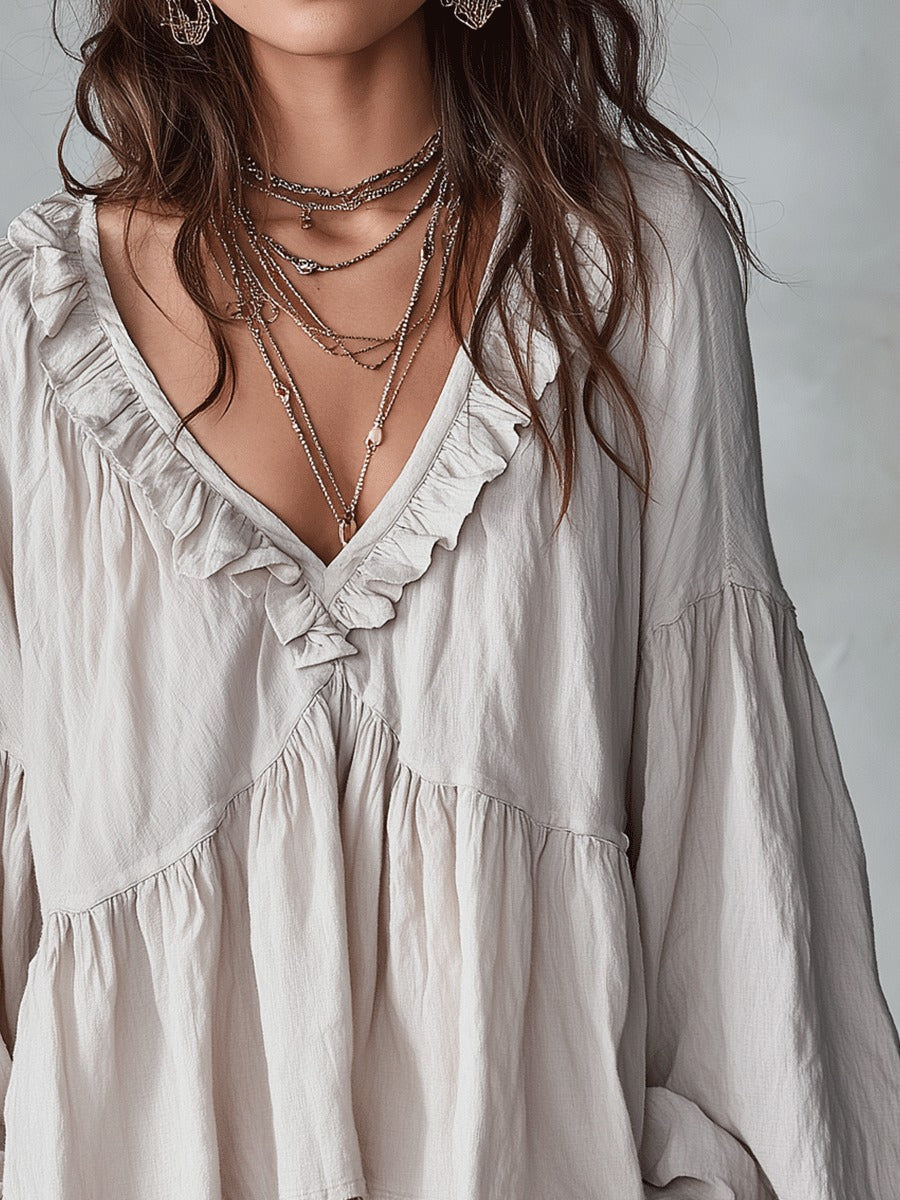 Women's Boho Oversized Blouse with V-Neck and Puff Sleeves