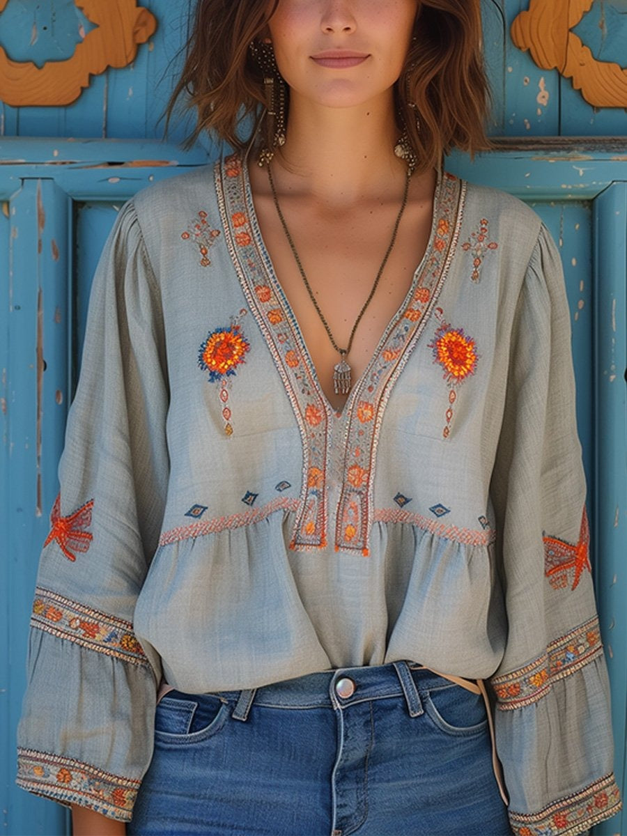 Women's Boho Tunic Blouse with V-Neck and Embroidered Trim