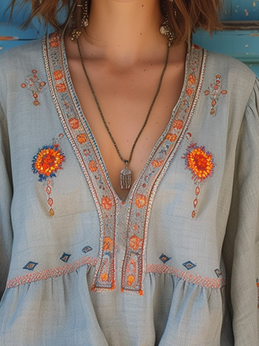 Women's Boho Tunic Blouse with V-Neck and Embroidered Trim