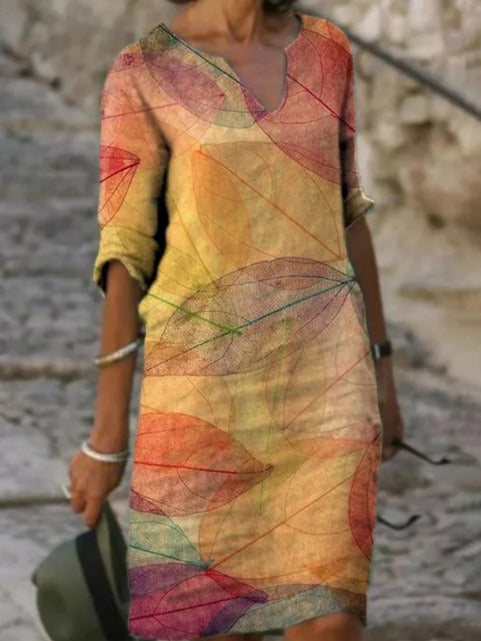 Women's Botanical Leaf Print Dress with V-Neck and 3/4 Sleeves