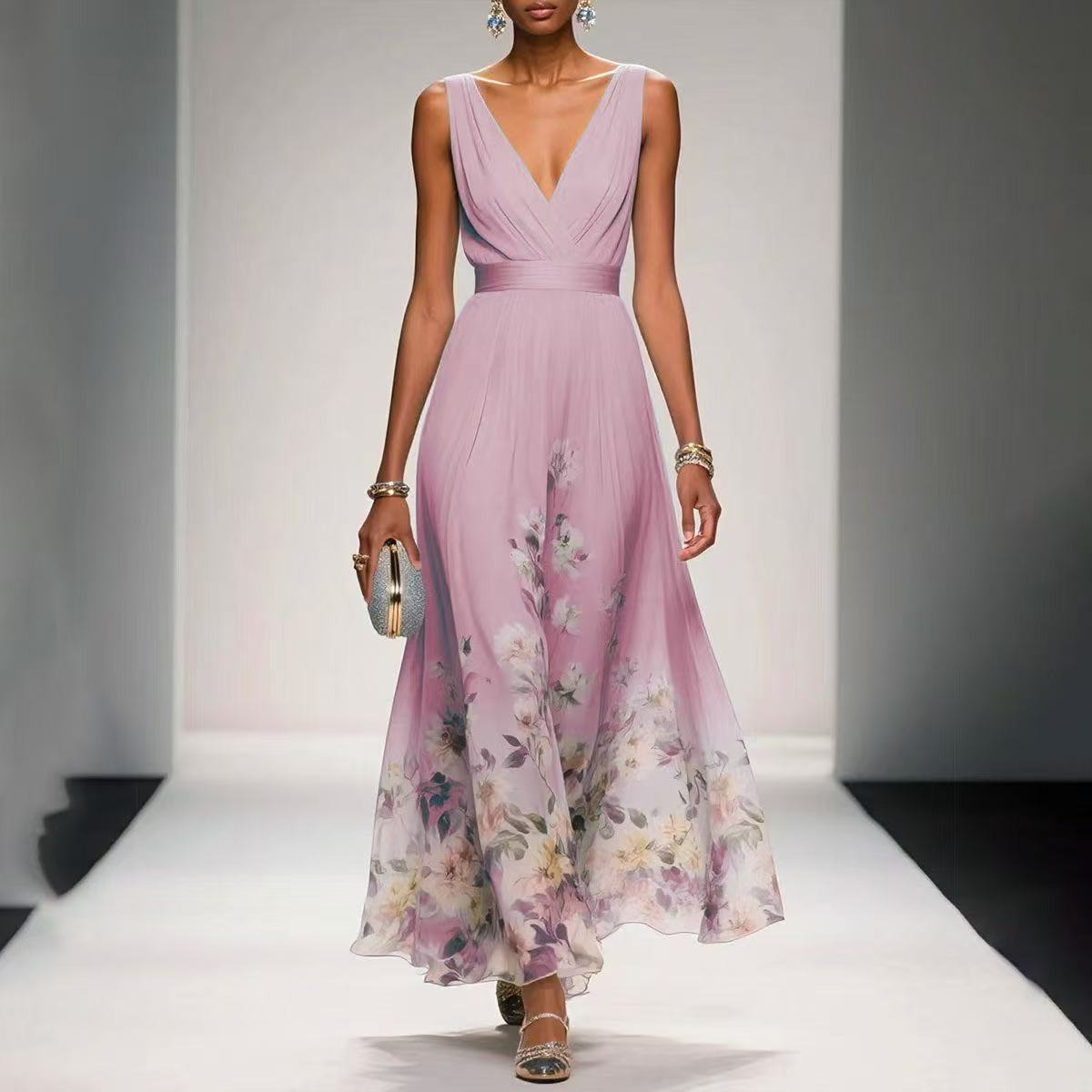 Women's Evening Floral Maxi Dress with V-Neck