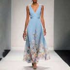 Women's Evening Floral Maxi Dress with V-Neck