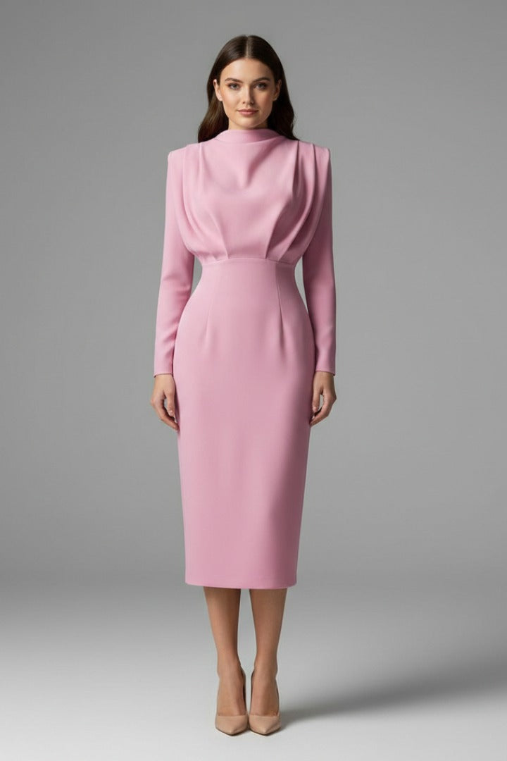 Women's Evening Party Long Sleeve Midi Dress with High Neck