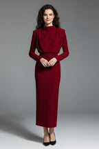 Women's Evening Party Long Sleeve Midi Dress with High Neck