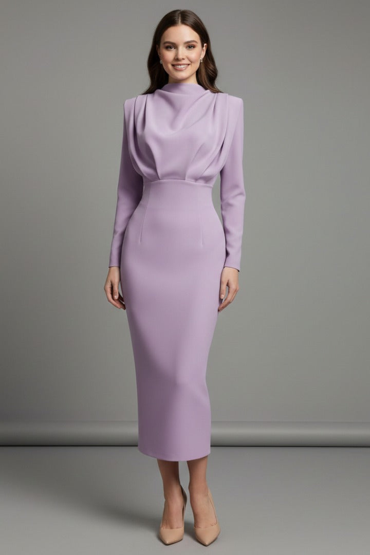 Women's Evening Party Long Sleeve Midi Dress with High Neck