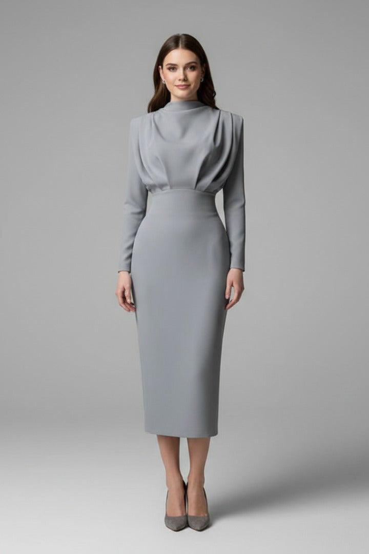 Women's Evening Party Long Sleeve Midi Dress with High Neck
