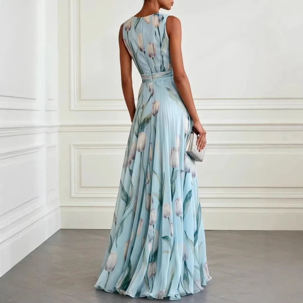 Women's Floral Evening Maxi Dress with V-Neck