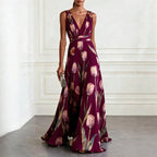 Women's Floral Evening Maxi Dress with V-Neck