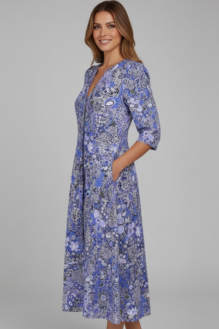 Women's Floral Holiday Midi Dress with V-Neck and Pockets